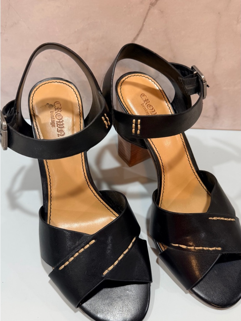Crown Black Leather Block Heel Sandals